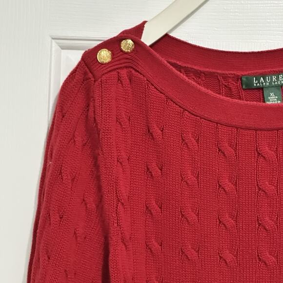 Ralph Lauren Logo Red Boat Neck Cable Knit Sweater Gold Buttons Women’s Size XL - Picture 4 of 9